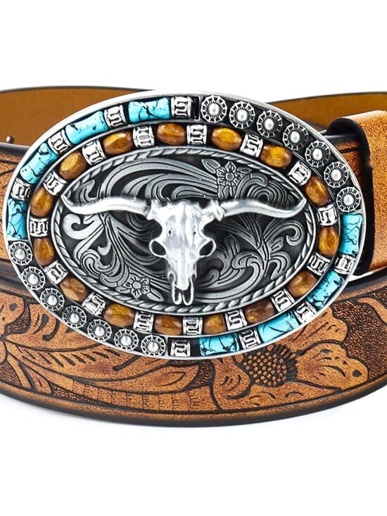 Accessories - Women's Brown Western Pu Leather Longhorn Bull Turquoise Embossed Buckle Belt